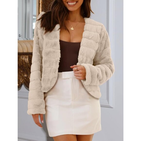 Women's Faux Fur Coats Fleece Cropped Jacket Long Sleeve Shaggy Warm Khaki - Picture 2 of 5